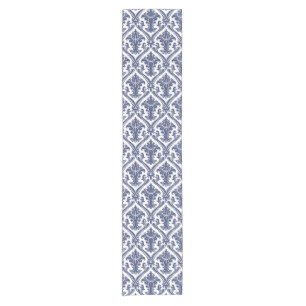 Elegant Navy Blue and White Damask Pattern Short Table Runner