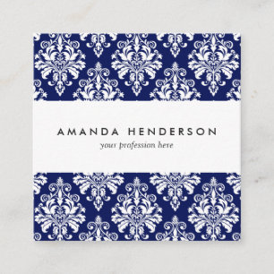 Elegant Navy Blue and White Damask Pattern Square Business Card
