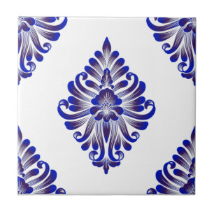 Elegant Navy Blue And White Damask Pattern Tile