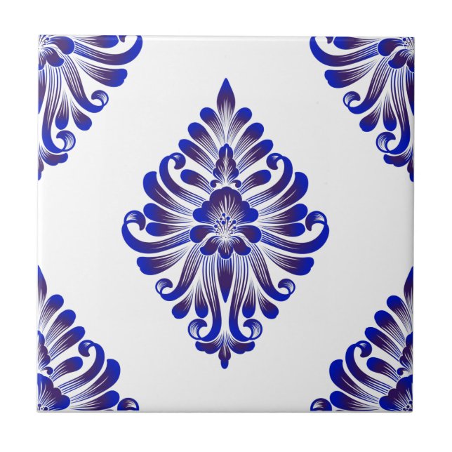 Elegant Navy Blue And White Damask Pattern Tile (Front)