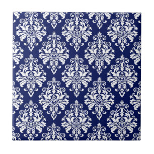 Elegant Navy Blue and White Damask Pattern Tile
