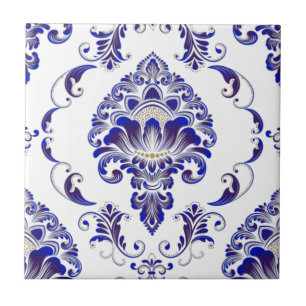 Elegant Navy Blue And White Damask Pattern Tile