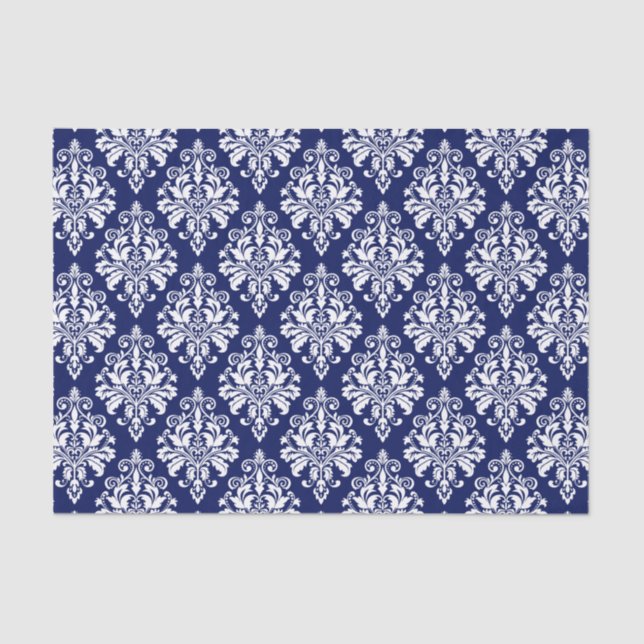 Elegant Navy Blue and White Damask Pattern Tissue Paper (Front)
