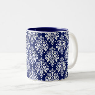 Elegant Navy Blue and White Damask Pattern Two-Tone Coffee Mug
