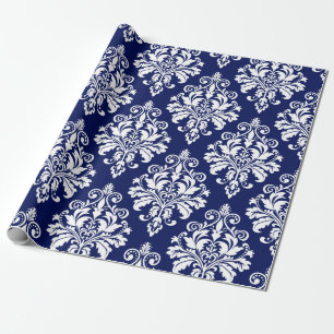 Elegant Navy Blue and White Damask Pattern Wrapping Paper
