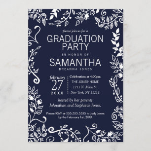 Elegant Navy Blue and White Floral Graduation Invitation