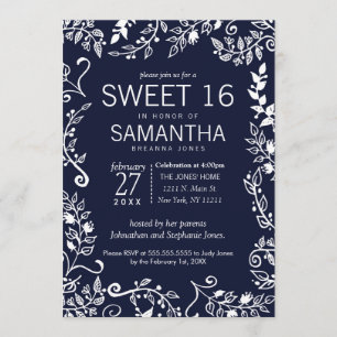 Elegant Navy Blue and White Floral Sweet 16 Invitation
