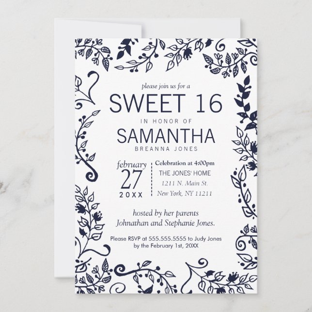 Elegant Navy Blue and White Floral Sweet 16 Invitation (Front)