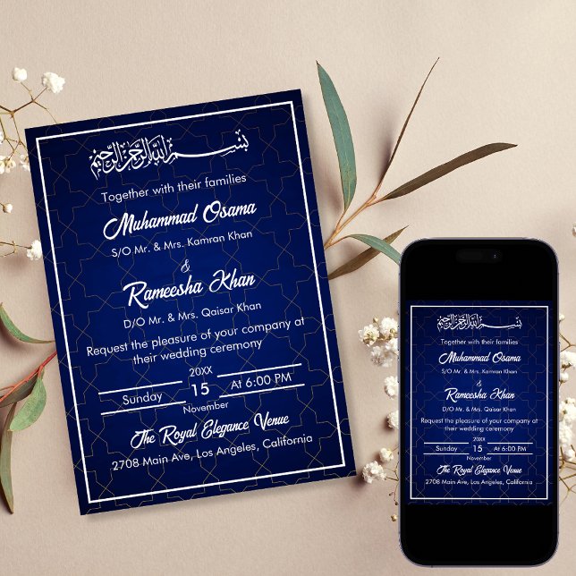  Elegant Navy Blue and White Islamic Wedding Invitation (Creator Uploaded)