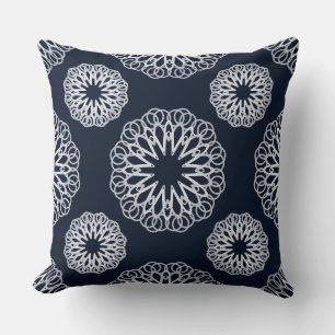 Elegant Navy Blue and White Mandala Pattern Throw Pillow