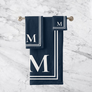 Elegant Navy Blue and White Monogram Bath Towel Set
