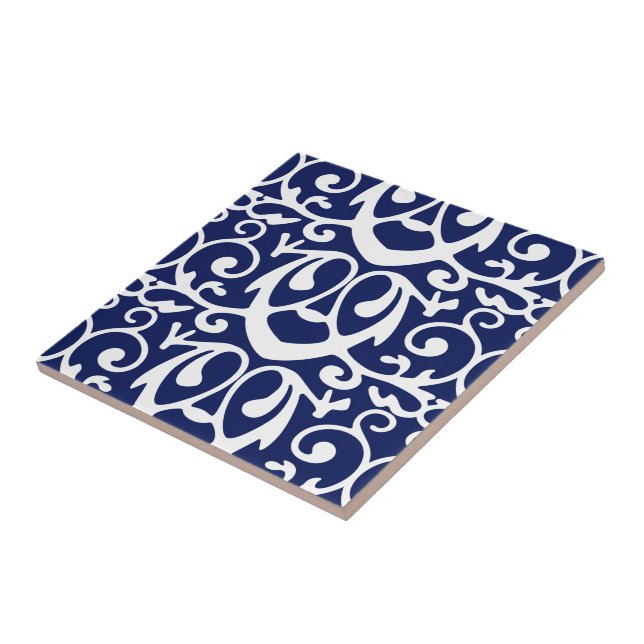 Elegant Navy Blue and White Pattern Ceramic Tile (Side)