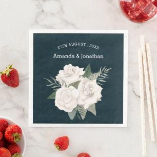 Elegant Navy Blue and White Roses Wedding Napkin
