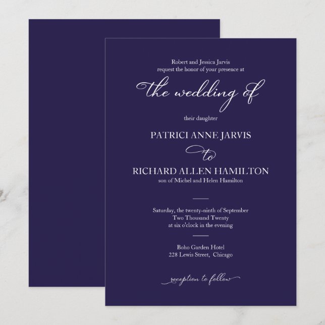 Elegant Navy Blue And White Script Classic Wedding Invitation (Front/Back)