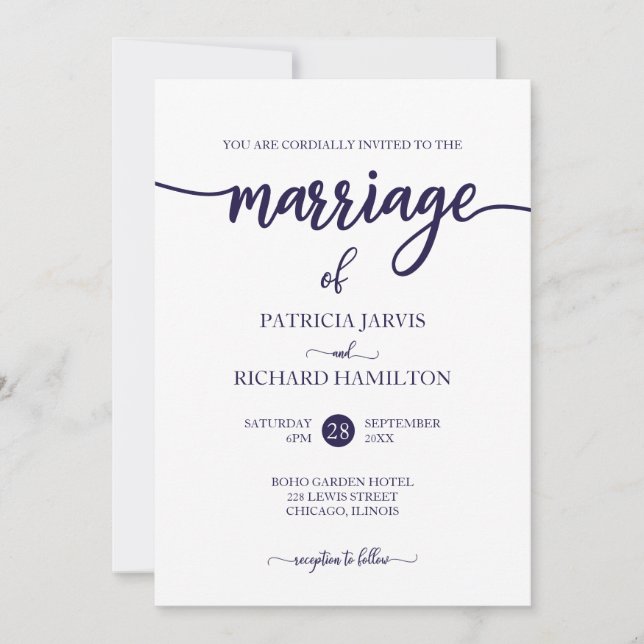 Elegant Navy Blue And White Script Wedding Invitation (Front)
