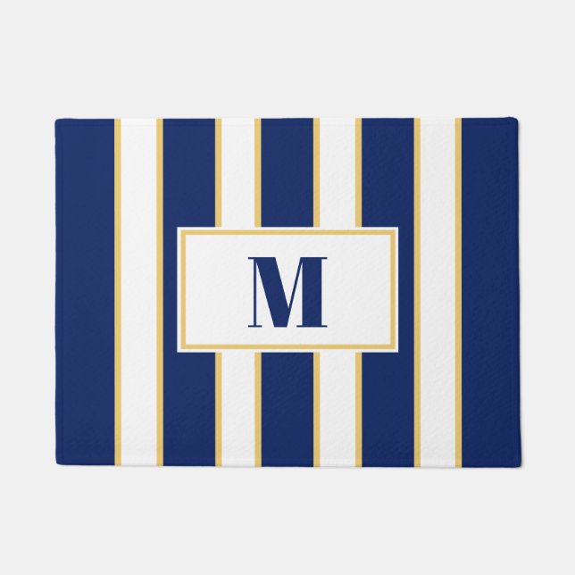 Elegant Navy Blue and White Stripe Custom Doormat (Front)