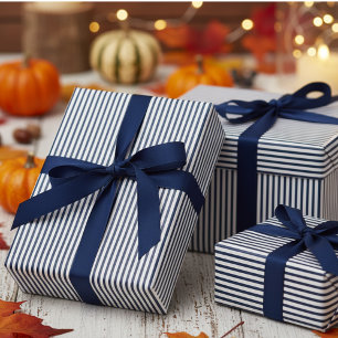 Elegant Navy Blue and White Thin Stripes Wrapping Paper