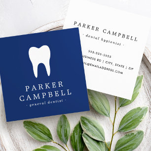 Elegant navy blue and white tooth dentist dental square business card
