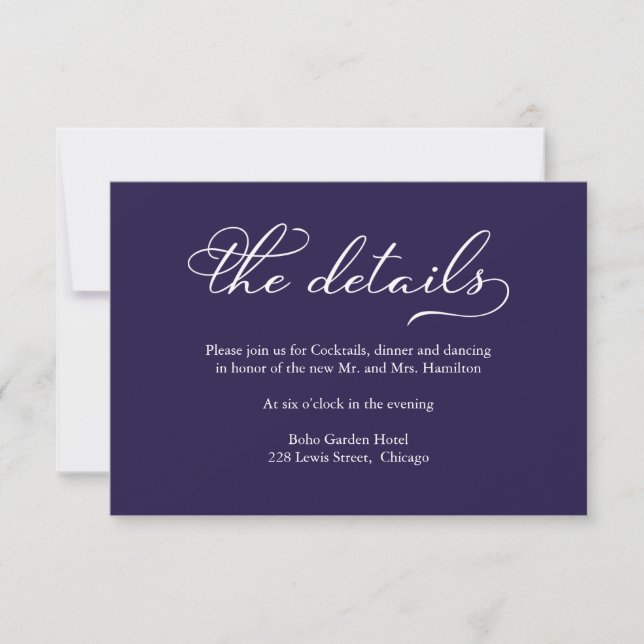 Elegant Navy Blue And White Wedding Details Card (Front)