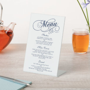 Elegant Navy Blue And White Wedding Menu Templates Pedestal Sign