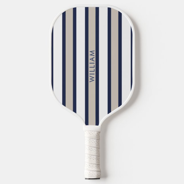Elegant Navy Blue & Beige Stripes Personalized Pickleball Paddle (Front)