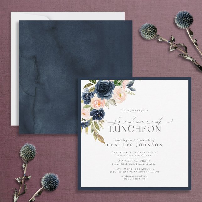 Elegant Navy Blue Blush Floral Bridal Luncheon Invitation (Creator Uploaded)