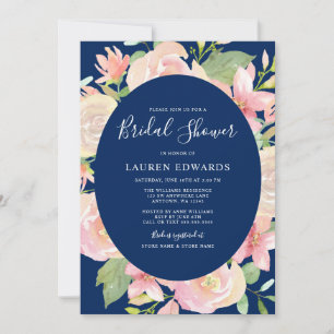 Elegant Navy Blue Blush Floral Frame Bridal Shower Invitation