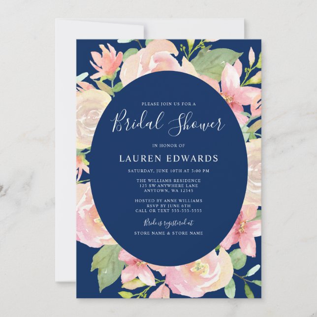 Elegant Navy Blue Blush Floral Frame Bridal Shower Invitation (Front)