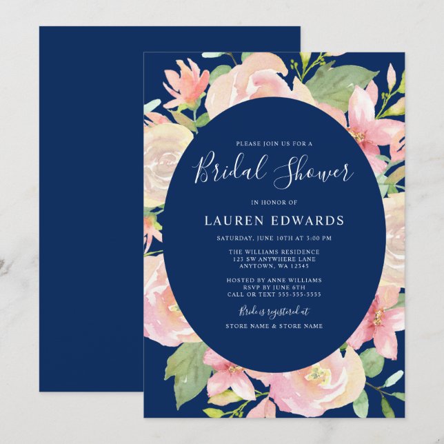 Elegant Navy Blue Blush Floral Frame Bridal Shower Invitation (Front/Back)
