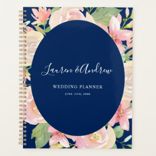 Elegant Navy Blue Blush Floral Frame Wedding Planner