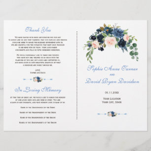 Elegant Navy Blue Blush Flowers Wedding Program