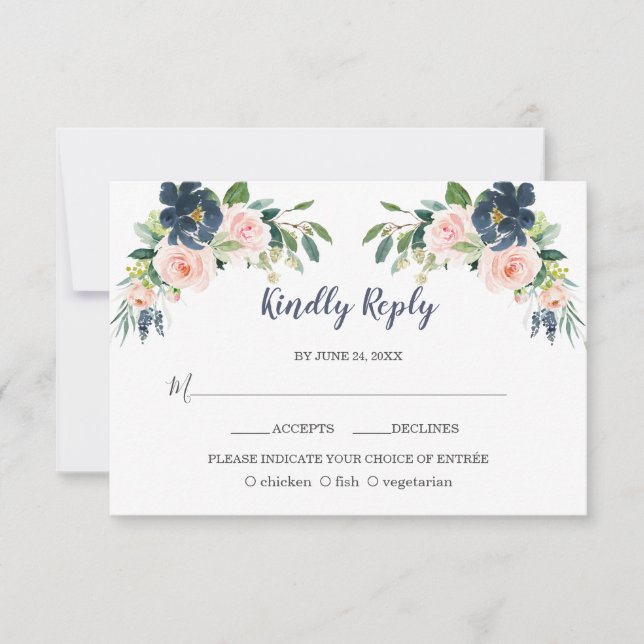 Elegant Navy Blue Blush Flowers Wedding RSVP Card (Front)