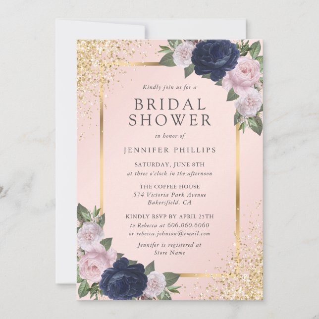 Elegant Navy Blue Blush Gold Floral Bridal Shower Invitation (Front)