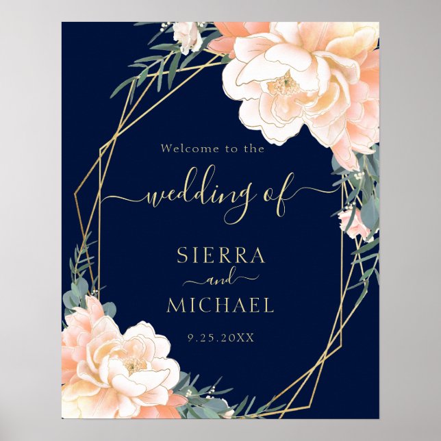 Elegant Navy Blue Blush Gold Peach Floral Wedding Poster (Front)