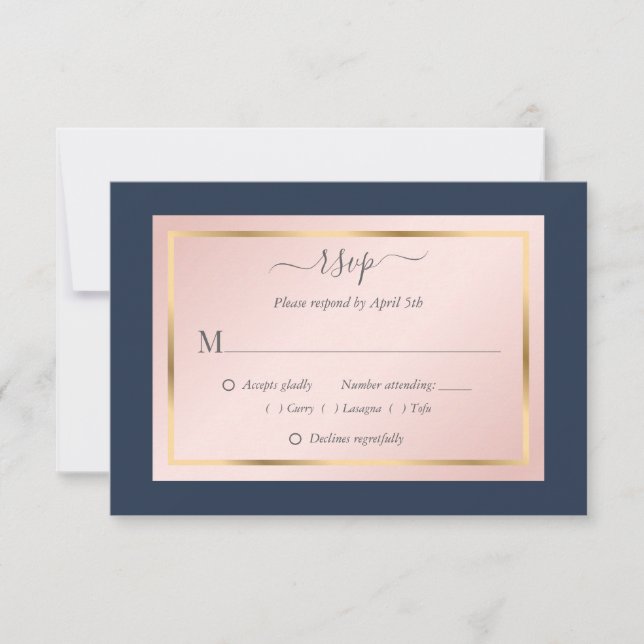 Elegant Navy Blue Blush Gold Wedding RSVP Cards (Front)