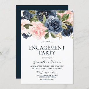 Elegant Navy Blue & Blush Pink Engagement Party Invitation