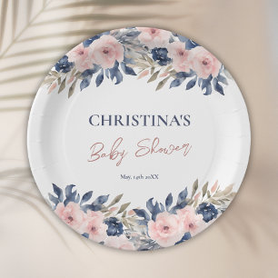 Elegant Navy Blue Blush Pink Floral Baby Shower Paper Plate