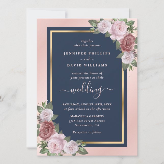 Elegant Navy Blue Blush Pink Gold Floral Wedding Invitation (Front)