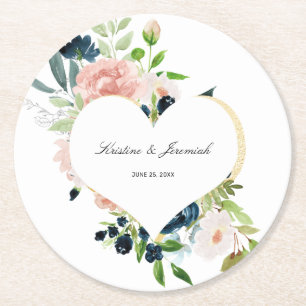 Elegant Navy Blue Blush Pink Rose Floral Wedding Round Paper Coaster