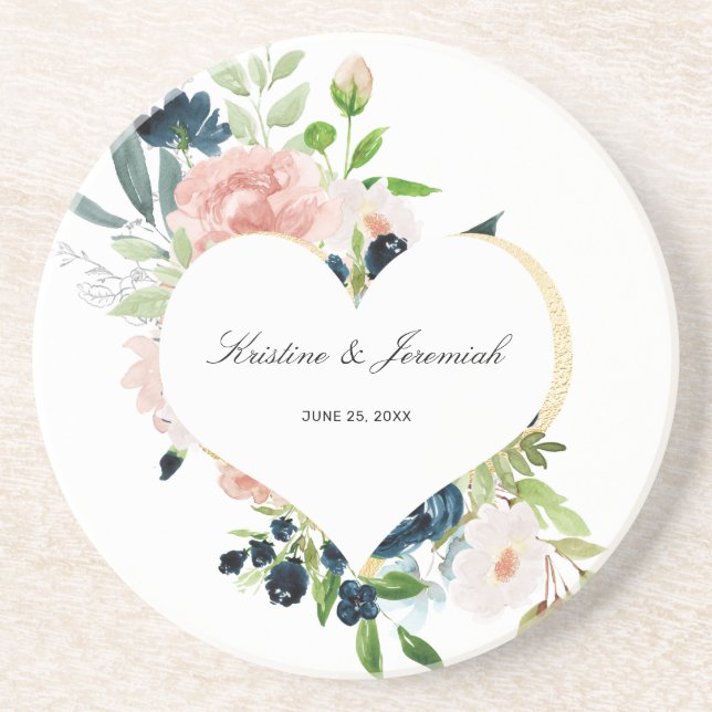 Elegant Navy Blue Blush Rose Floral Heart Wedding Coaster (Front)
