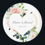 Elegant Navy Blue Blush Rose Floral Heart Wedding  Magnet<br><div class="desc">These custom floral magnets will be perfect to give your guests as wedding favours. This elegant design template features a faux gold heart accented with hand painted navy blue and blush pink watercolor roses with greenery. Personalize your names and wedding date in black script typography. Please check out our I...</div>