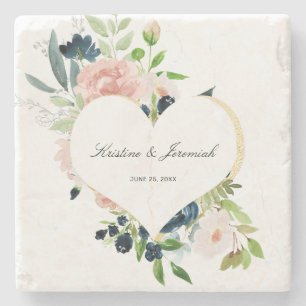 Elegant Navy Blue Blush Rose Floral Heart Wedding Stone Coaster