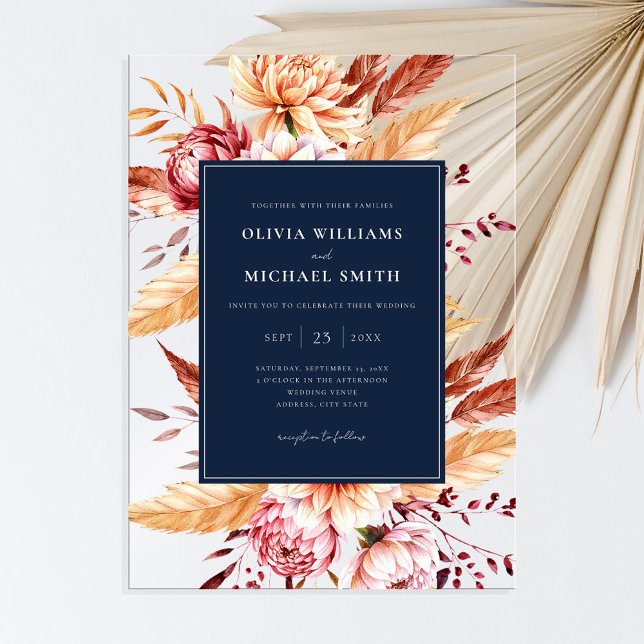 Elegant Navy Blue Boho Chic Floral Wedding Acrylic Invitations (Creator Uploaded)