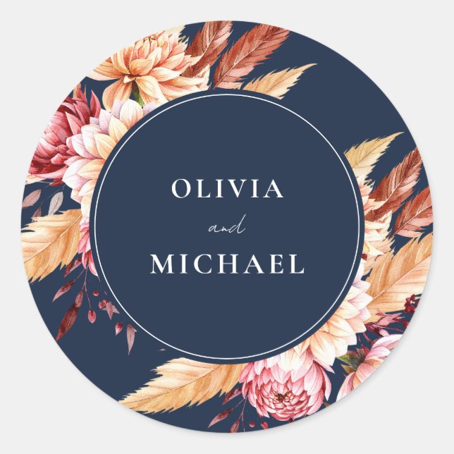 Elegant Navy Blue Boho Chic Floral Wedding Classic Round Sticker (Front)
