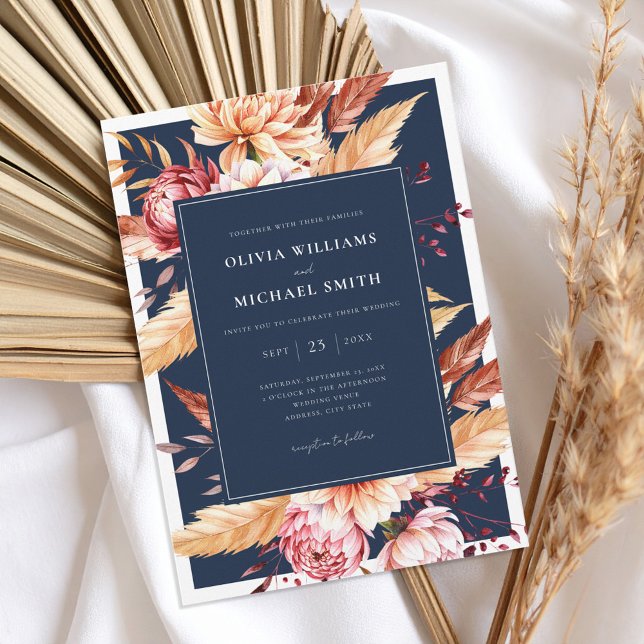 Elegant Navy Blue Boho Chic Floral Wedding Invitation (Creator Uploaded)