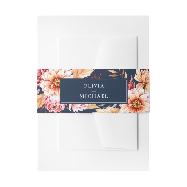 Elegant Navy Blue Boho Chic Floral Wedding Invitation Belly Band (Front Example)