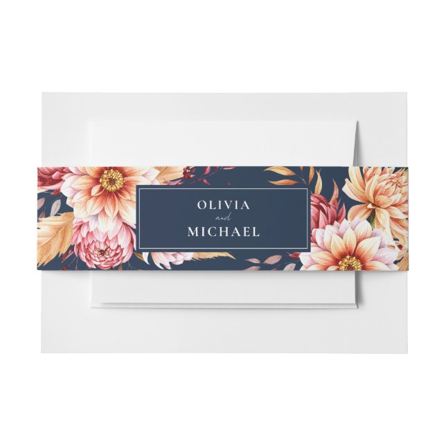 Elegant Navy Blue Boho Chic Floral Wedding Invitation Belly Band (Front Example)