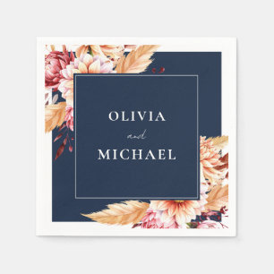 Elegant Navy Blue Boho Chic Floral Wedding Napkin