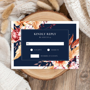 Elegant Navy Blue Boho Chic Floral Wedding RSVP Card