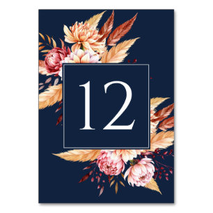 Elegant Navy Blue Boho Floral Wedding Table Number